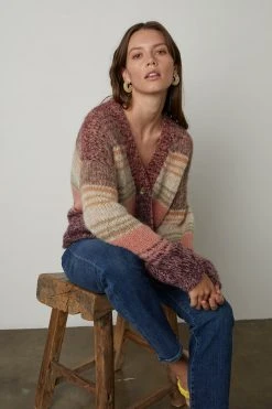 Velvet By Graham & Spencer LARA STRIPED BUTTON FRONT CARDIGAN