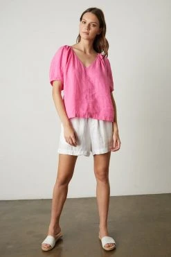 Velvet By Graham & Spencer Womens CALLIN PUFF SLEEVE LINEN TOP 21 Velvet By Graham & Spencer Womens CALLIN PUFF SLEEVE LINEN TOP
