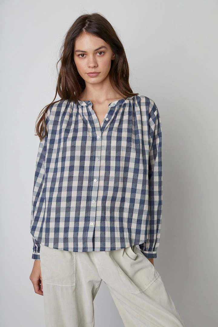 Velvet By Graham & Spencer SHIREEN PRINTED GINGHAM BUTTON-UP BLOUSE 10 Velvet By Graham & Spencer SHIREEN PRINTED GINGHAM BUTTON-UP BLOUSE