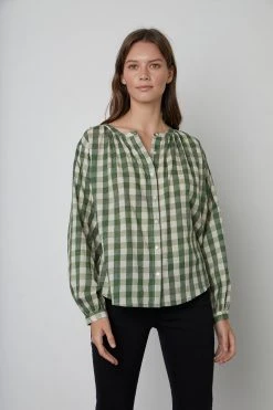 Velvet By Graham & Spencer SHIREEN PRINTED GINGHAM BUTTON-UP BLOUSE 15 Velvet By Graham & Spencer SHIREEN PRINTED GINGHAM BUTTON-UP BLOUSE