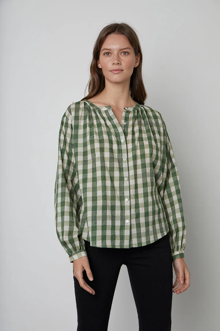 Velvet By Graham & Spencer SHIREEN PRINTED GINGHAM BUTTON-UP BLOUSE 6 Velvet By Graham & Spencer SHIREEN PRINTED GINGHAM BUTTON-UP BLOUSE