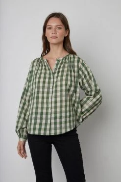 Velvet By Graham & Spencer SHIREEN PRINTED GINGHAM BUTTON-UP BLOUSE