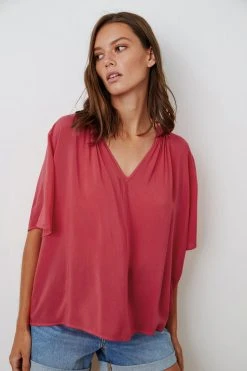 Velvet By Graham & Spencer Womens JAYCEE SPLIT NECK BLOUSE
