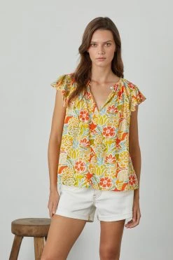 Velvet By Graham & Spencer CANDACE RUFFLE SLEEVE PRINTED TOP Womens 20 Velvet By Graham & Spencer CANDACE RUFFLE SLEEVE PRINTED TOP Womens