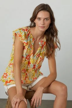 Velvet By Graham & Spencer CANDACE RUFFLE SLEEVE PRINTED TOP Womens 24 Velvet By Graham & Spencer CANDACE RUFFLE SLEEVE PRINTED TOP Womens