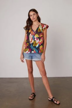 Velvet By Graham & Spencer CANDACE RUFFLE SLEEVE PRINTED TOP Womens 18 Velvet By Graham & Spencer CANDACE RUFFLE SLEEVE PRINTED TOP Womens