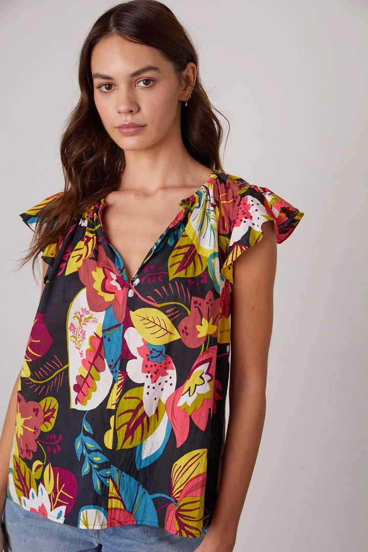 Velvet By Graham & Spencer CANDACE RUFFLE SLEEVE PRINTED TOP Womens 4 Velvet By Graham & Spencer CANDACE RUFFLE SLEEVE PRINTED TOP Womens