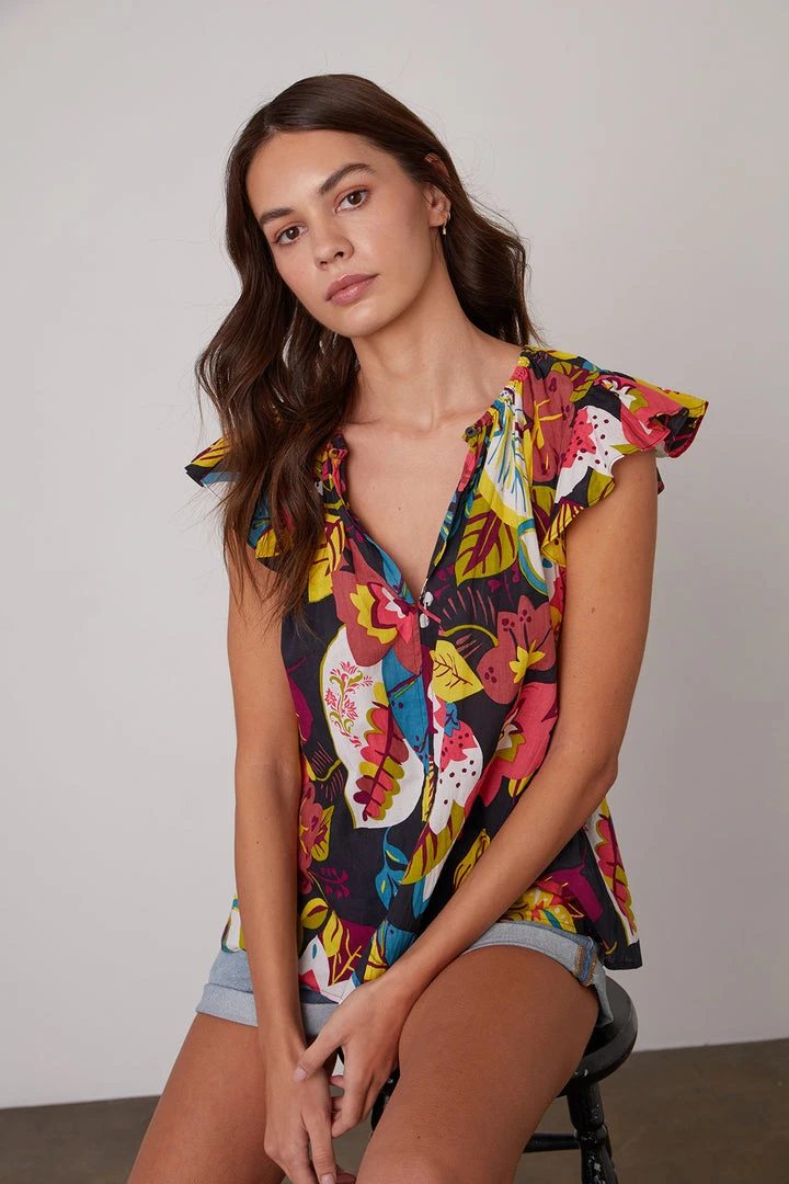 Velvet By Graham & Spencer CANDACE RUFFLE SLEEVE PRINTED TOP Womens 3 Velvet By Graham & Spencer CANDACE RUFFLE SLEEVE PRINTED TOP Womens