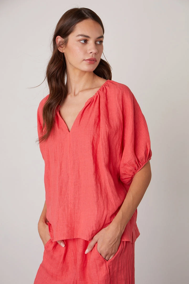 Velvet By Graham & Spencer JANINE PUFF SLEEVE LINEN TOP Womens 10 Velvet By Graham & Spencer JANINE PUFF SLEEVE LINEN TOP Womens