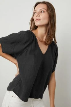 Velvet By Graham & Spencer Womens CALLIN PUFF SLEEVE LINEN TOP 32 Velvet By Graham & Spencer Womens CALLIN PUFF SLEEVE LINEN TOP