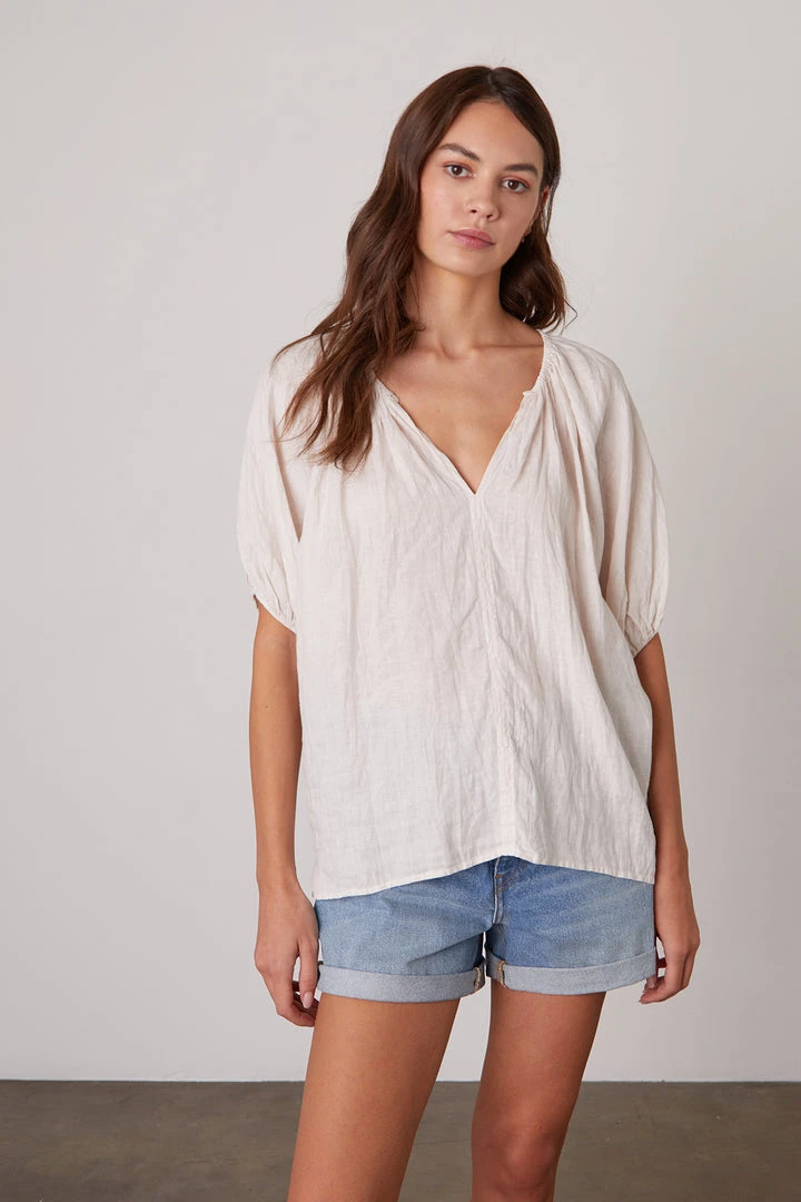 Velvet By Graham & Spencer JANINE PUFF SLEEVE LINEN TOP Womens 7 Velvet By Graham & Spencer JANINE PUFF SLEEVE LINEN TOP Womens